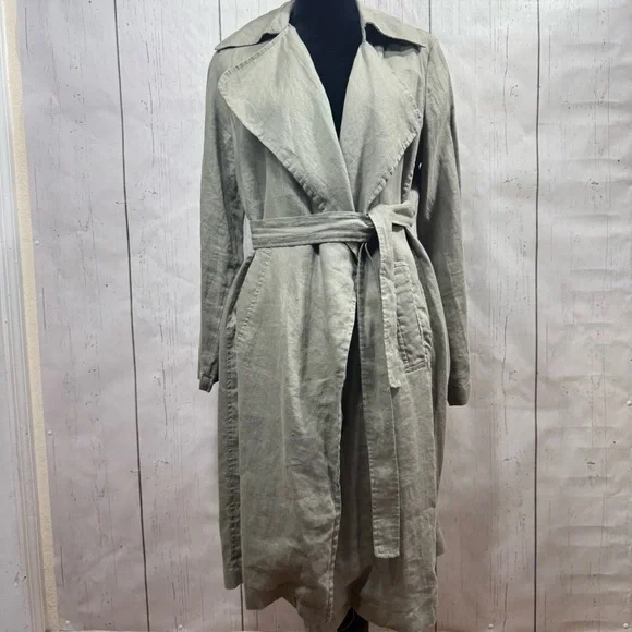 Cynthia Rowley 100% Linen Trench Coat Green Belted Size S Minimalist Lightweight - Picture 2 of 14